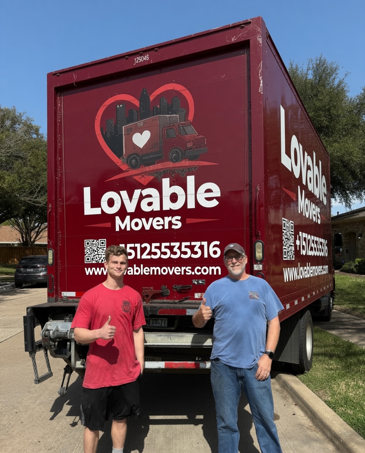 Lovable Movers Crew Lead Nate with Lovable customer Dave in Georgetown, TX, giving thumbs up behind a red Lovable Movers truck